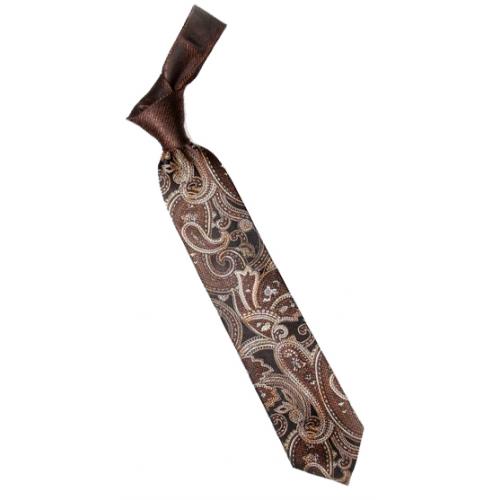 Hi-Density By Steven Land Collection HDS602 Chocolate Brown / Black / Apricot Paisley 100% Woven Silk Necktie / Hanky Set